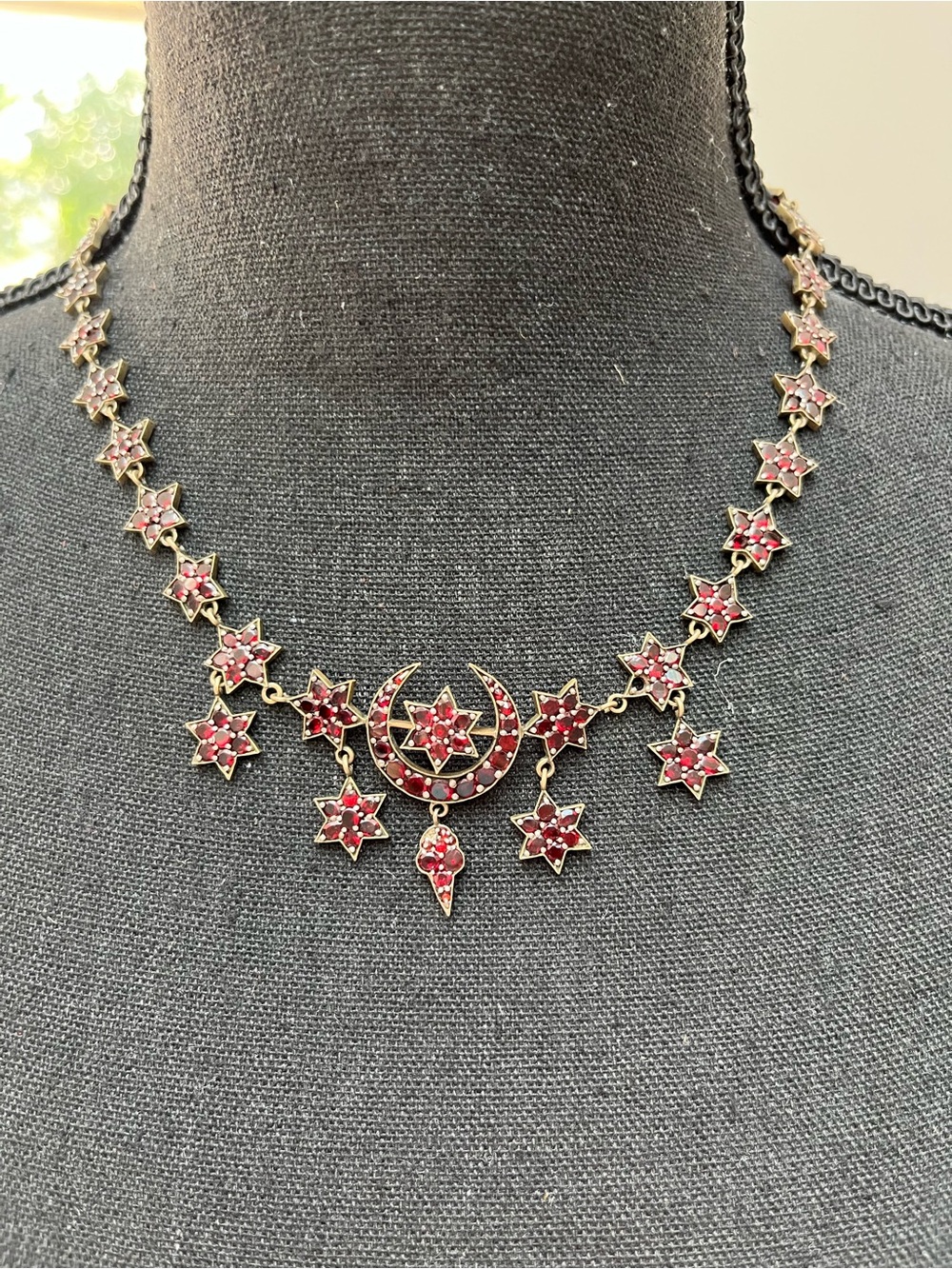 Victorian-Style Red Garnet Crescent & Star Necklace